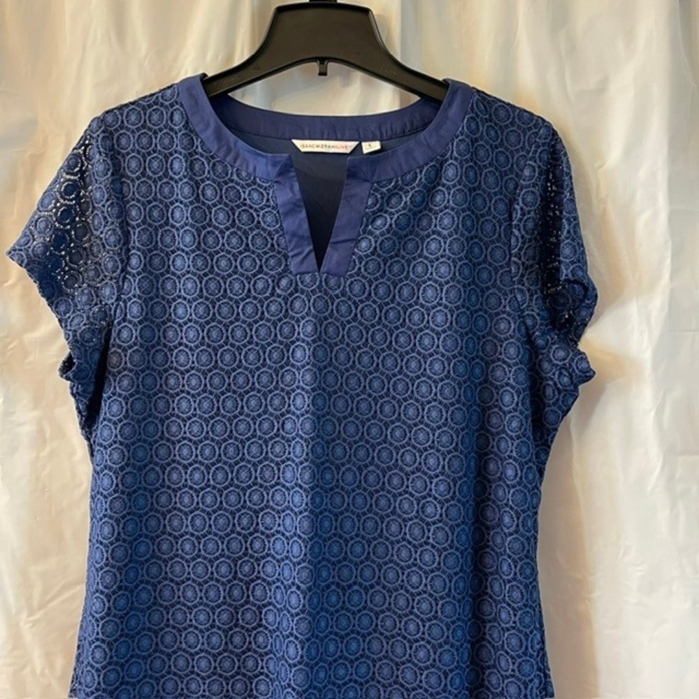 Isaac Mizrahi Live Navy Blue Eyelet Lace Split Neck Shift Dress Classic Mod Sz L - Picture 2 of 9